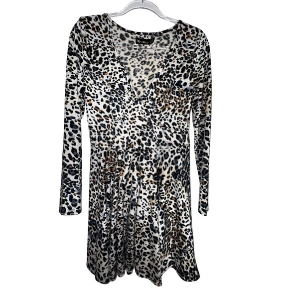 Leopard Print Long Sleeve Faux Wrap Dress Large Skater Eighties Sexy Wild Disco - Picture 1 of 7